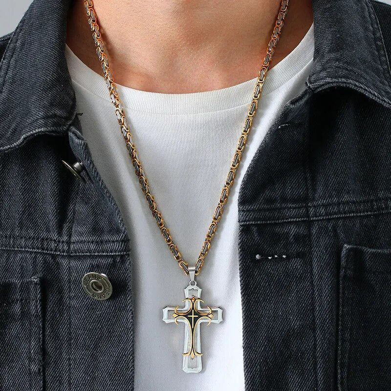 Cordão Crucifixo Aço Inoxidável - Corrente Veneziana de 3mm de largura