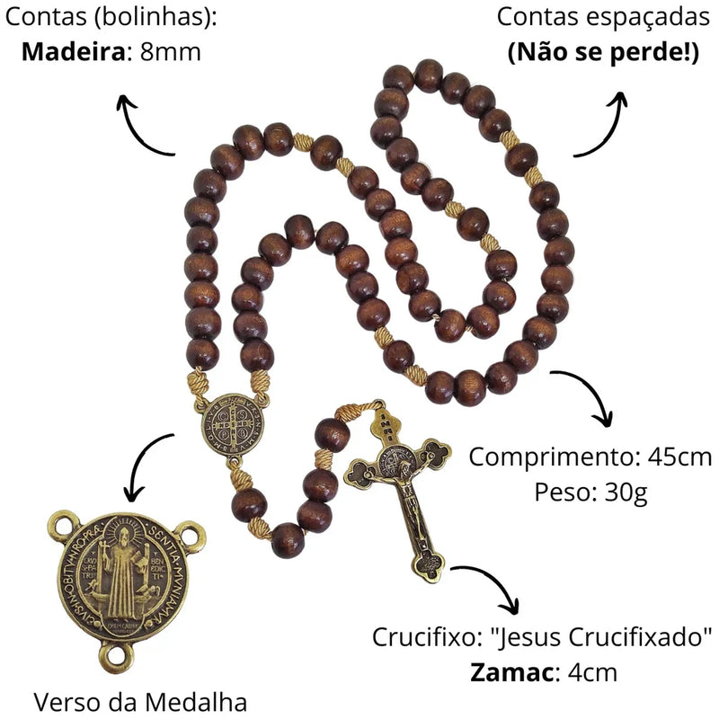 Terço Rosário Grande Medalha de São Bento em Madeira Crucifixo Ouro Velho