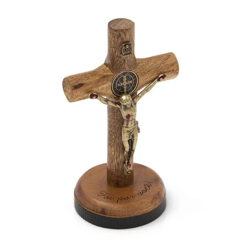 Crucifixo de Mesa 7cm Cilíndrica com São Bento
